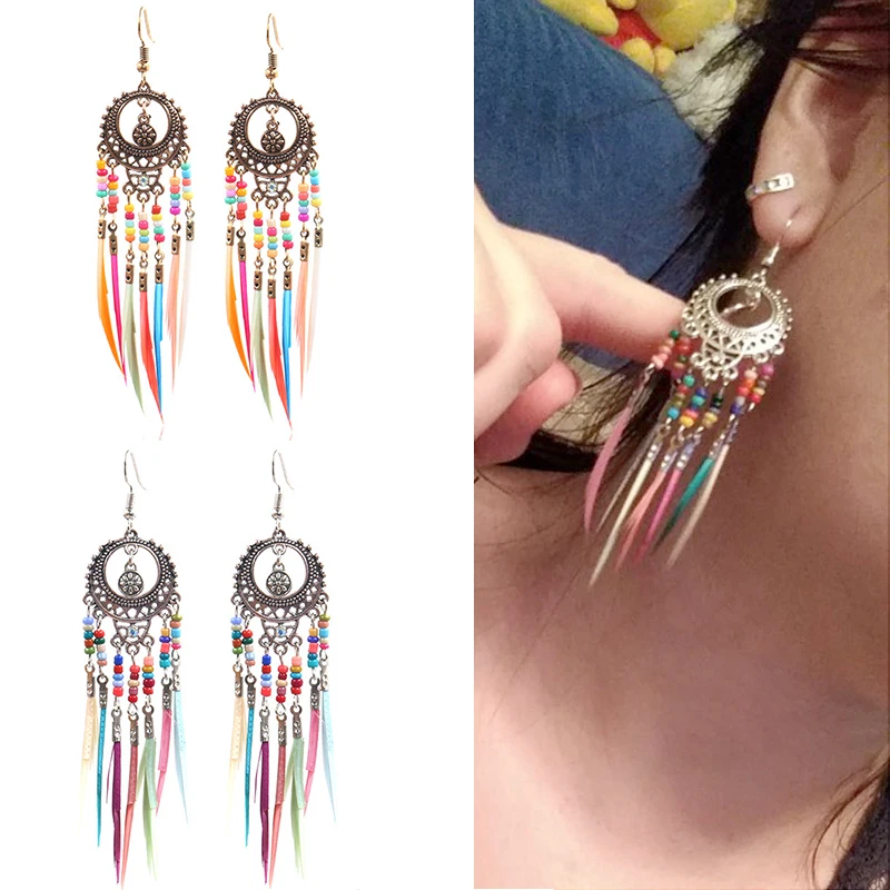 

1Pair Golden Silver Vintage Ethnic Rainbow Colors Feather Dangle Oval Hollow Out 7 Colour Measle Drop Earrings Hot Sale Graceful