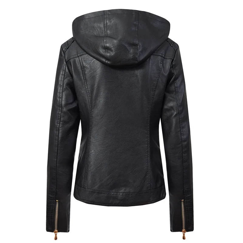 

2020 Autumn Winter Women's PU Leather Jacket Velvet Keep Warm Motorcycle Jacket Fashion Short Style Hooded Collar Coat Female