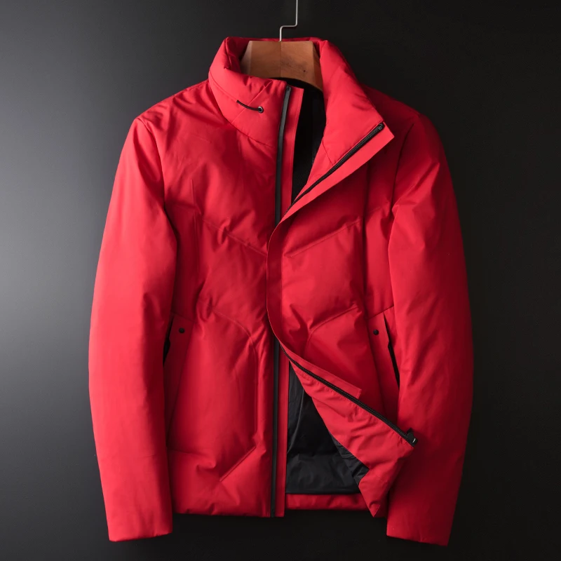 

Мужской пуховик с воротником-стойкой, Красная приталенная куртка на белом утином пуху, размеры до 4XL