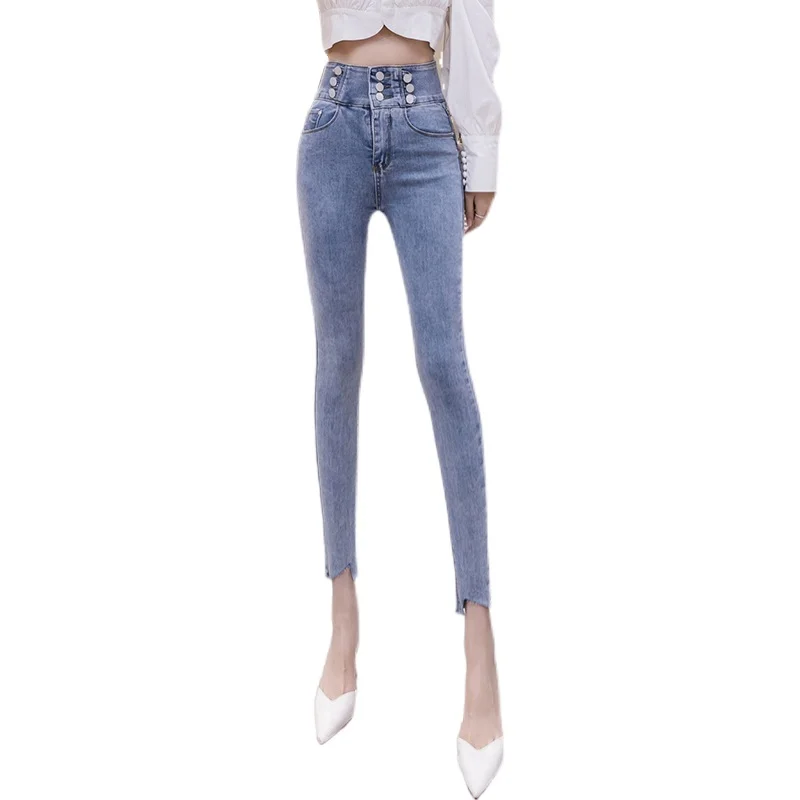 

Light Blue Stretch High Waist Jeans for Women 2021 New Spring Summer Slimming High-Looking Tight Pencil Tappered Pants