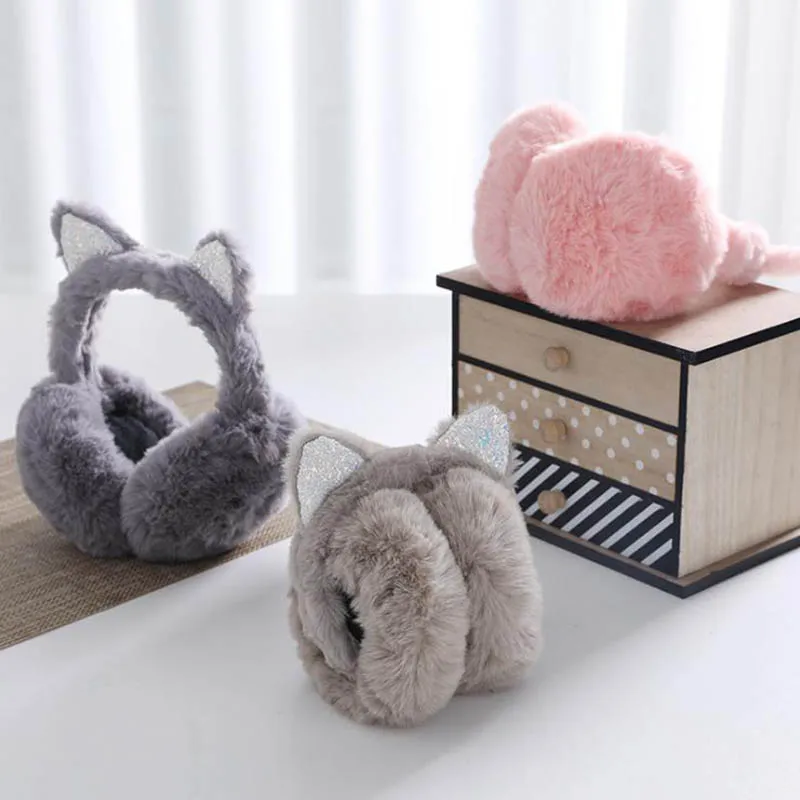 Calymel/зимние пушистые милые женские наушники с блестками в виде кота теплые модные