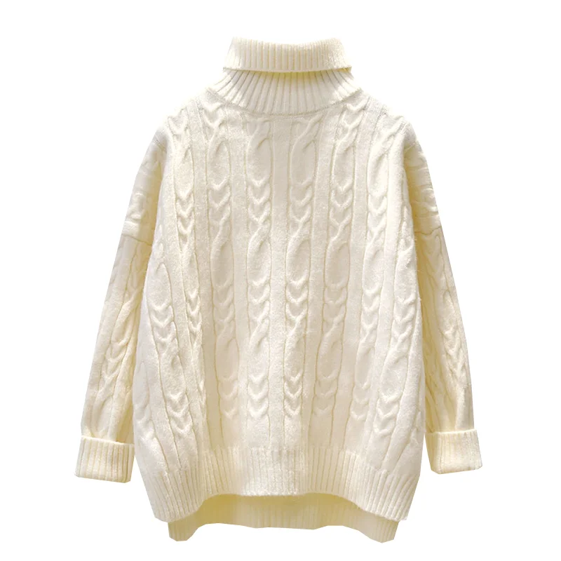 

White Knitted Turtleneck Women Sweater and Pullovers Long-Sleeved Loose Thicken Warm Solid Female Pulls Outwear Tops