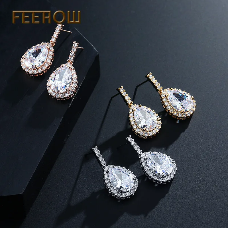 FEEHOW Luxury AAA+ Cubic Zirconia Classic Big Water Drop Crystal Earrings With Tiny CZ Bridal Wedding Jewelry for Women FWEP2104 | Украшения