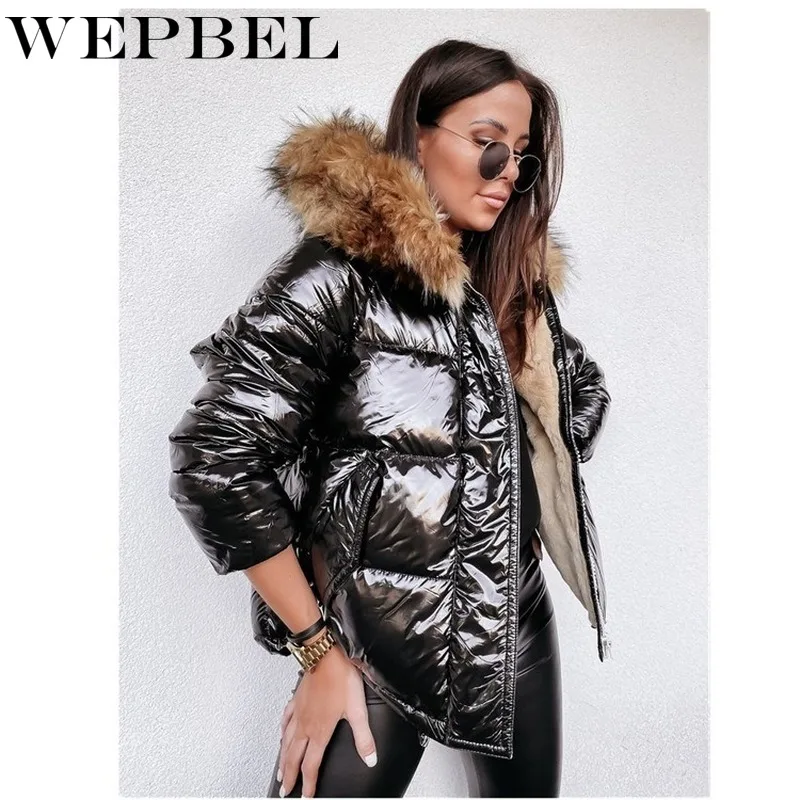 WEPBEL Women's Winter Down Jacket Hooded Fur Collar Coats women Causal Pockets Loose Shiny Glossy Thick Warm Cold Coat