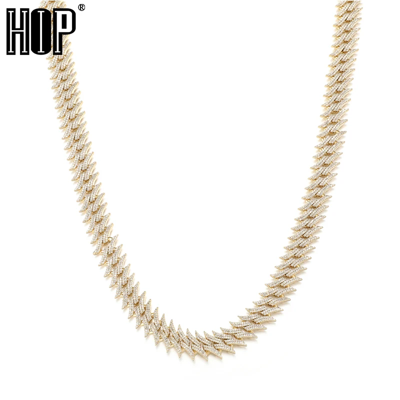 

Hip Hop 15MM Heavy Thorn Prong Cuban Chain Iced Out AAA+ Zircon White Gold Color Bling Necklace For Men Women Jewelry