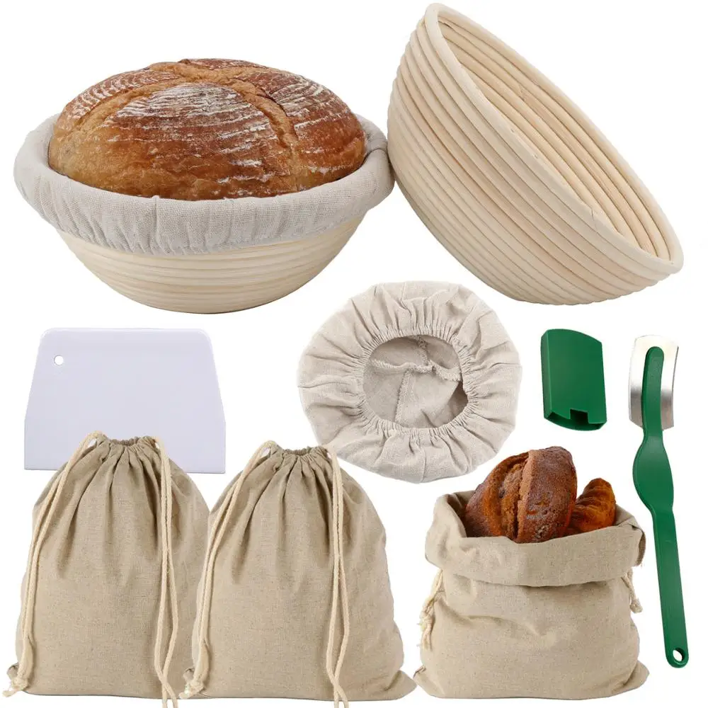 

Round Rattan Bread Proofing Basket Bread Baking Mold Tools Pack 2 Bannetons Proving Basket with Cloth Liner Storage Bags Scraper