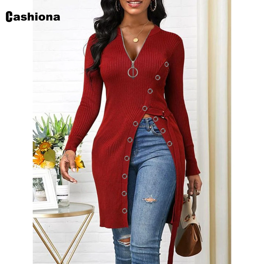 

Cashiona Plus Size Women Fashion Zipper Top Pullovers Long Shirts Clothing 2022 Spring New Irregular Spliced Buttons T-shirt