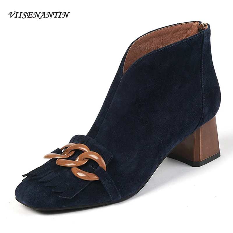 

Женские ботинки с кисточками и цепочкой, короткие ботинки на толстом каблуке, модные однотонные ботинки с открытой пяткой, женские ботинки ...