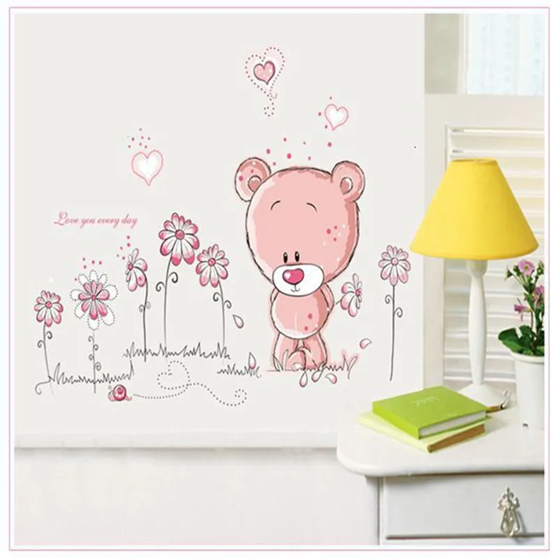Wall Paper Stickers Cute Pink Cartoon Animal Love Bear Flower Baby Children Bedroom Room Decoration nursery decal girl gift | Дом и сад