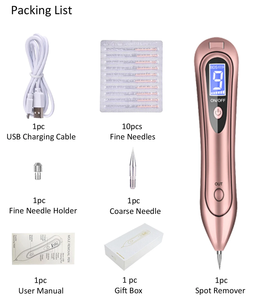 1 set rose gold 9 уровней ЖК-Лазерная плазменная ручка крот тату Машинка для удаления темных пятен Ручка очиститель пор для лица бородающая машина для ухода за кожей - Цвет: 1 set rose gold