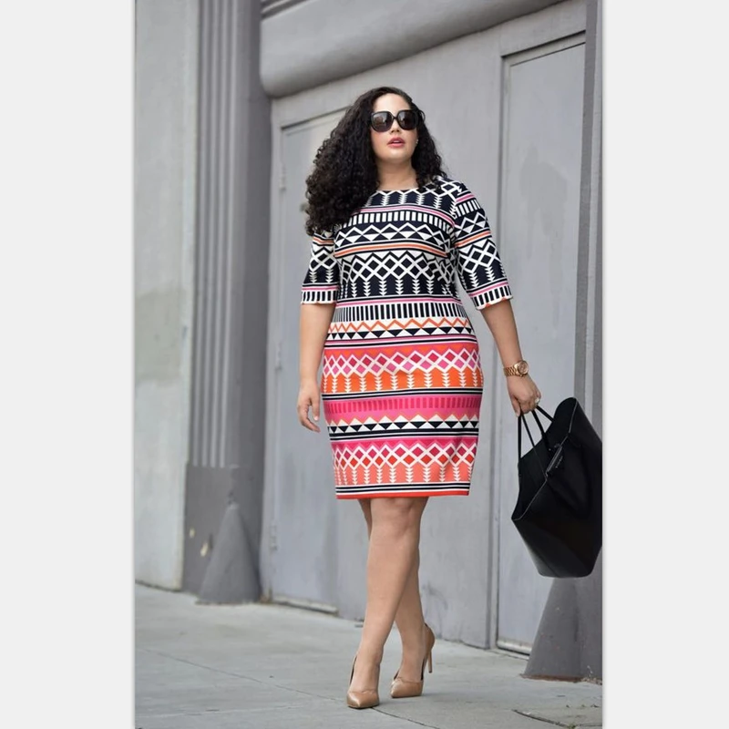 

New European and American popular diamond print fashion large size tight skirt women's dress