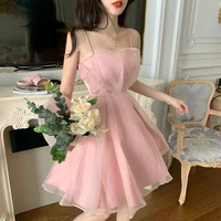 princess style summer dress women solid colors mesh slip dress party wedding sweet cute clothing pink fairy sweet girl dress
