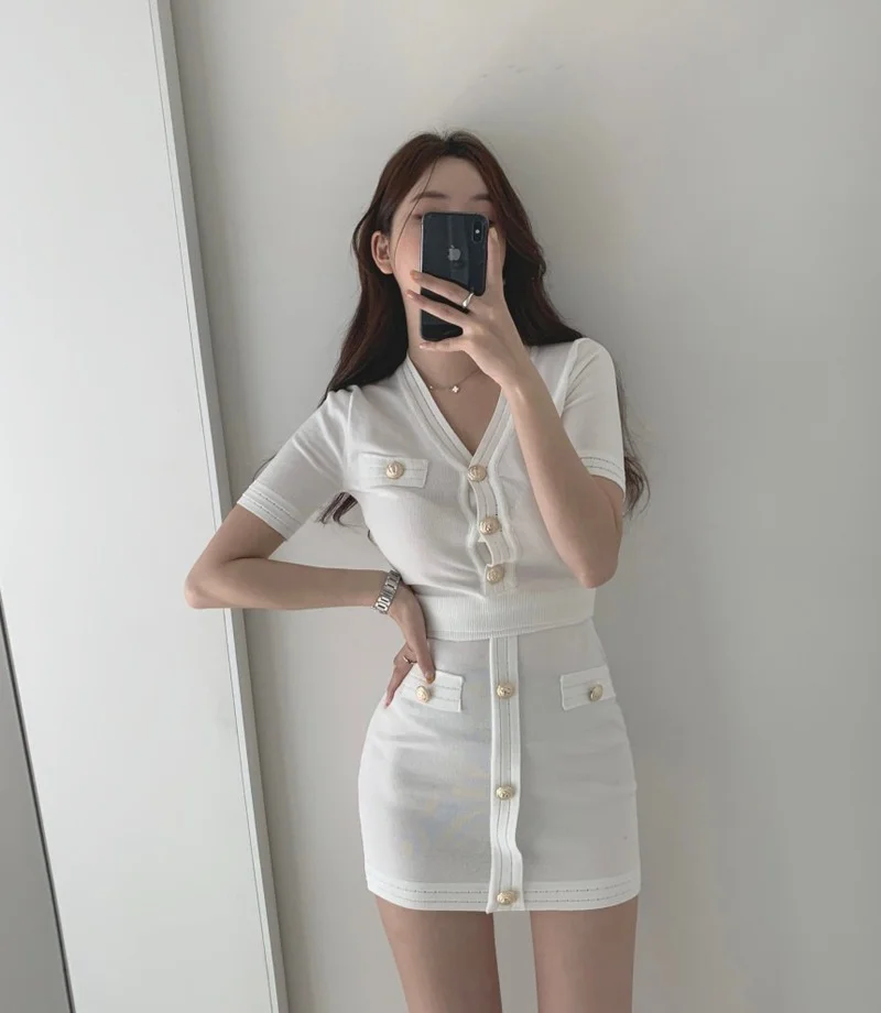 

Summer Fashion Wrapped Hip Skirt Mini Chic Korean Style Matching Suit Dress V-neck Short Sleeve Top Short Single-breasted Thin