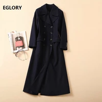 newest fashion 2020 winter long coats high quality wool blends women turn down collar double breasted blue woolen overcoats