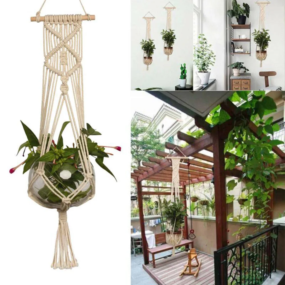

Vintage Macrame Plant Hanger European Style Hand-woven Cotton Rope Hanging Basket Flower Pot Hanging Rope Basket Wall Home Decor