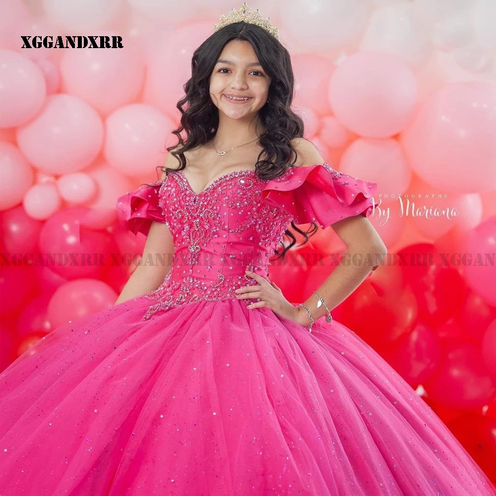 

Charming Ball Gown Quinceanera Dress 2022 Tulle Beading Sequined Long Fuchsia Sleeveless Sweet 15 16 Birthday Sweep Train