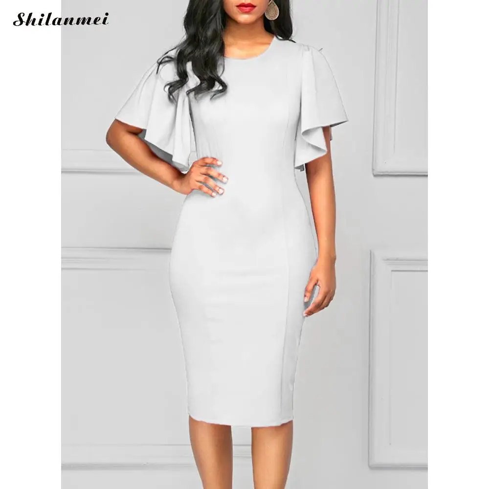Женское облегающее платье размера плюс элегантное миди с рюшами на рукавах