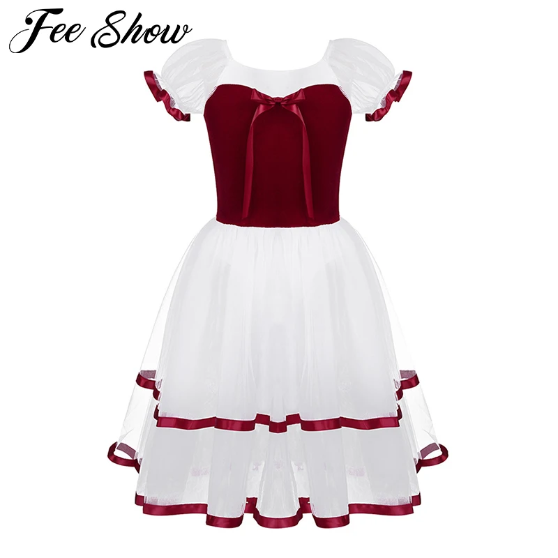 Вельветовое платье-трико для балета с пышными рукавами девочек длинное платье