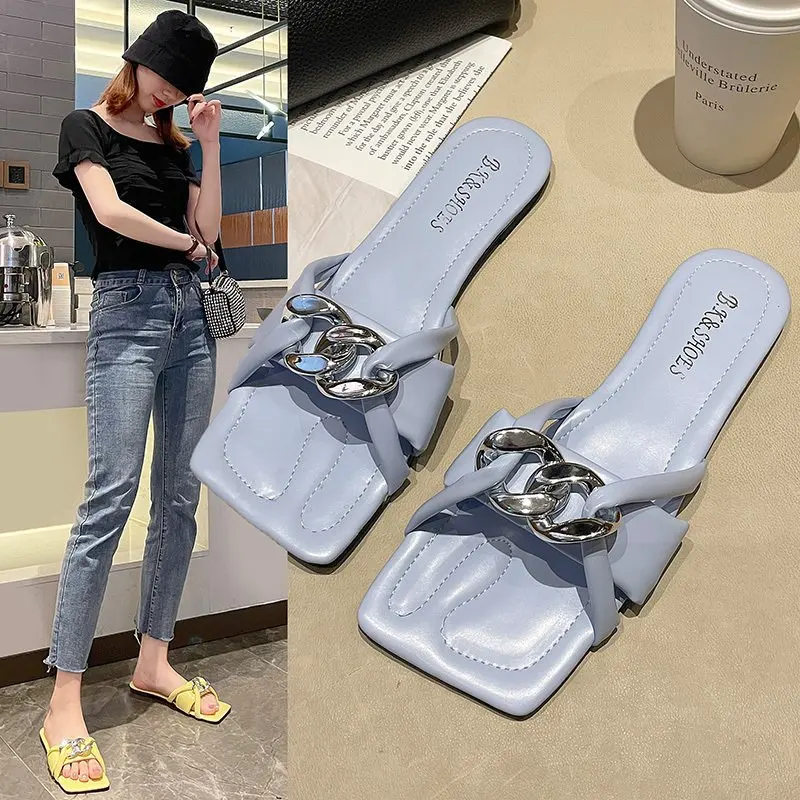 

Flat Shoes Female Womens Slippers Outdoor Loafers Slides Pantofle Fashion Low Summer 2021 Luxury Hoof Heels Basic PU Fretwork Fa