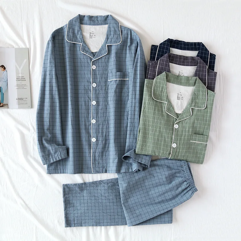 2Pcs/set Women's Pajamas Clothes Men Woven Home Wear Pajamas Suit Autumn Summer Plaid Print Couple Sleepwear Trousers & Tops