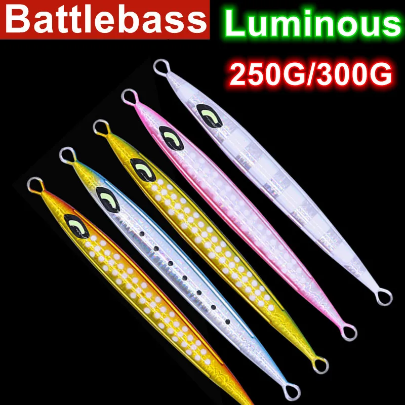 

BATTLEBASS 1PC Drag Metal Super Slim Jigging 250g 300g 1pc Casting Jig Metal Jig Artificial Baits Glowing Slow Jigging Fishing