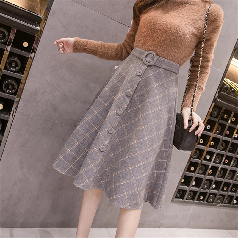 

Neophil 2020 Winter Woolen Plaid Skirts Women Knee Length Ball Gown Button Sashes High Waist Flare Skirts England Falda S9223