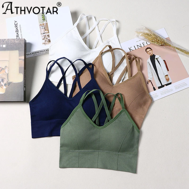 

ATHVOTAR Striped Women's Tube Top Cross Back Sexy Bra Sleeveless Padded Bralette Sport Basic Top Summer Underwear