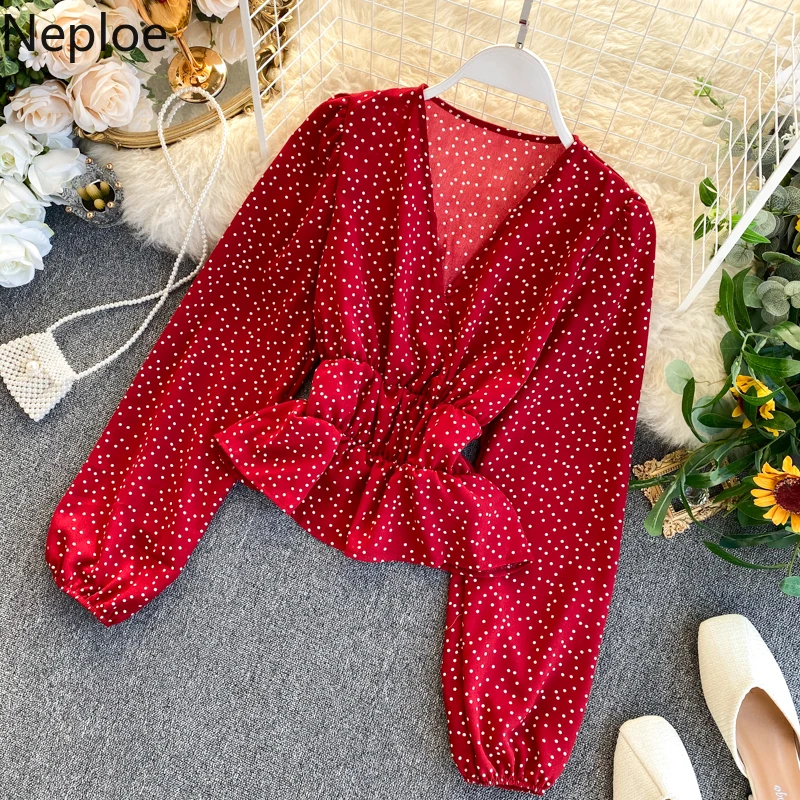 Neploe v-образный вырез тонкая талия оборки Blusas Mujer весна-лето праздничная в горошек