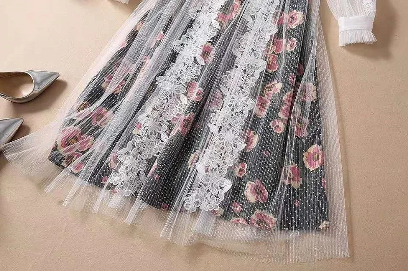 

Party 2021 Novia Spring Party Elegant Women Sexy Tulle Mesh Appliques Lace Flower Print Patchwork Long Sleeve Mid-Calf Dress XL