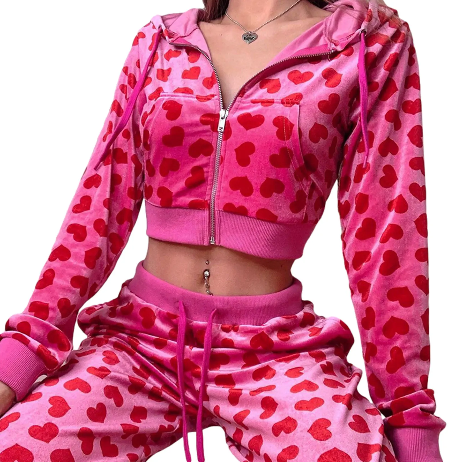 

Women Pink Heart Print Zip Up Y2K Velvet Crop Hoodies Long Sleeve Kawaii Cropped Sweatshirts Valentine's Day Clothes