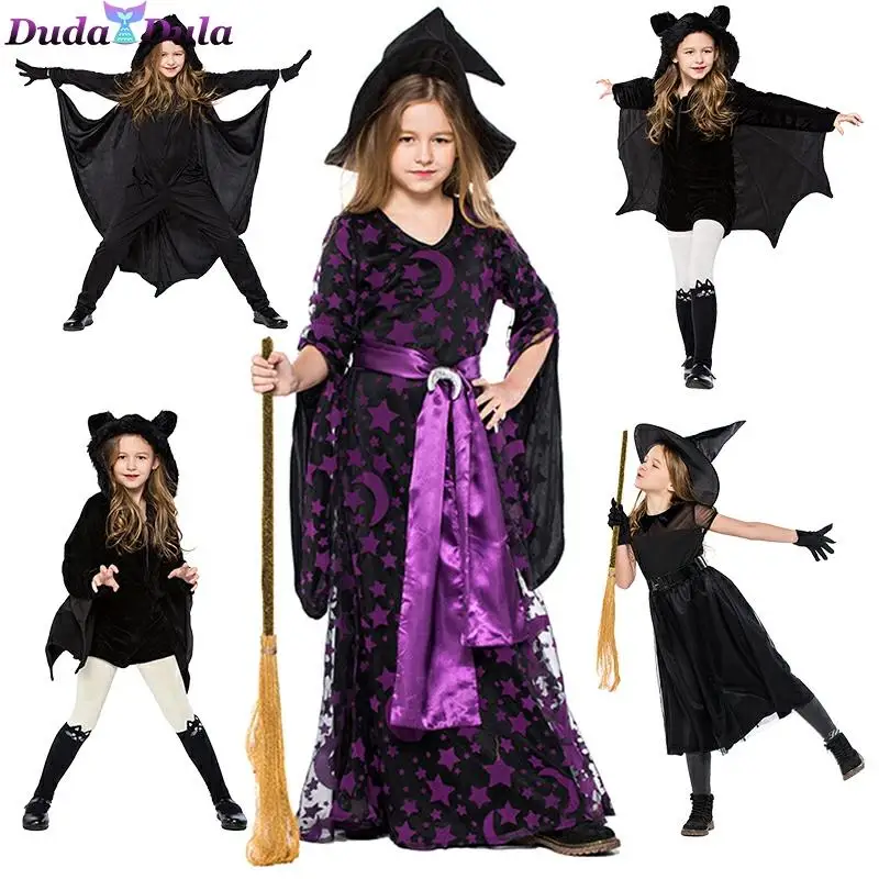 Детские маскарадные костюмы ведьмы карнавал Хэллоуин для девочек черная летучая