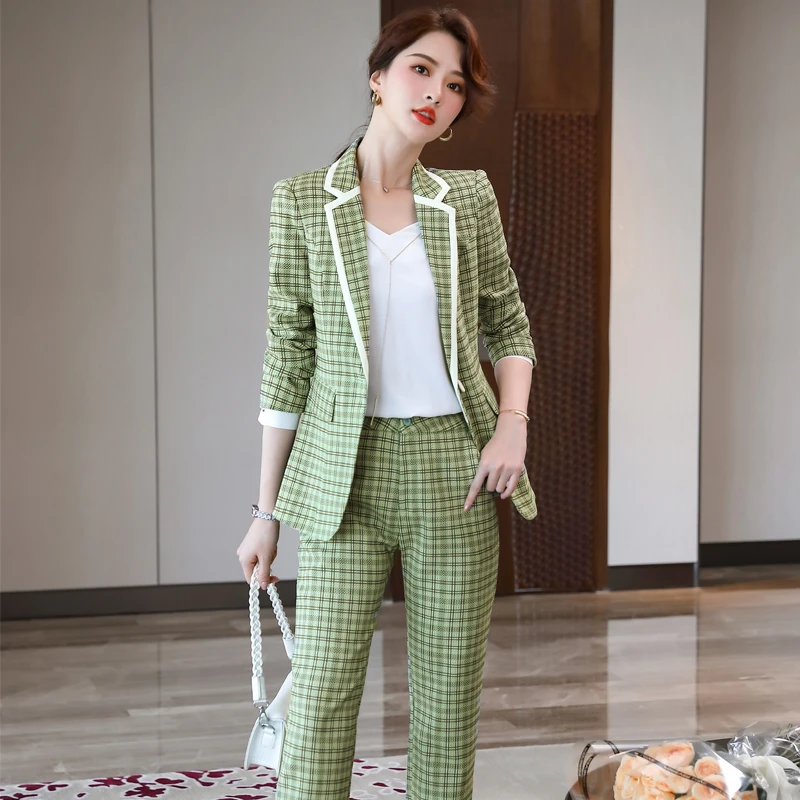 

Formal Uniform Designs Pantsuits Elegant Plaid High Quality Fabric Professional Women Business Work Wear Blazers Clothes Set