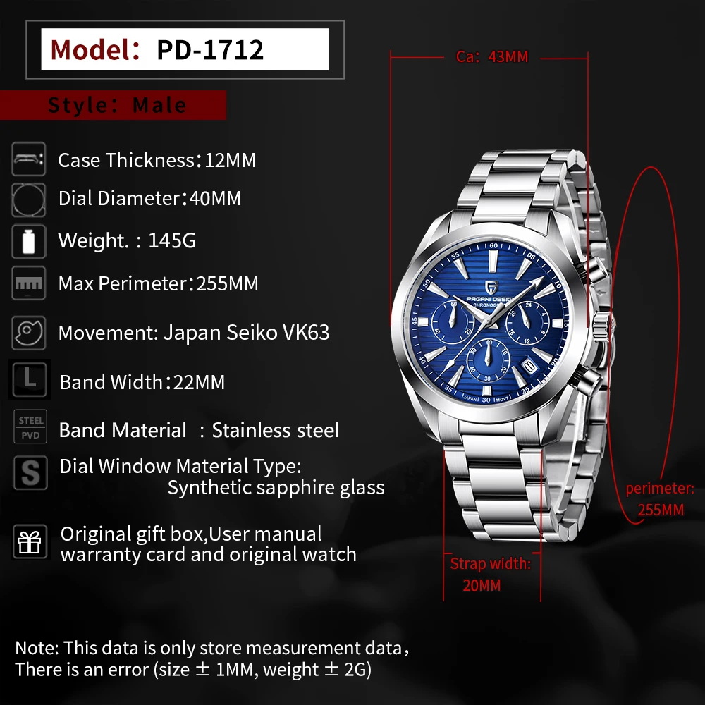 Часы-хронограф мужские Кварцевые водонепроницаемые из нержавеющей стали 40 мм 2021