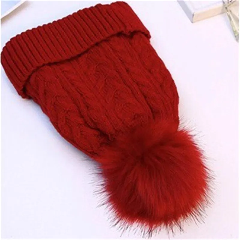 wine red Hat Женская теплая зимняя шапка флисовая двойная шапка с меховым помпоном шапка с помпоном вязаная шапка для взрослых женская шапка - Цвет: wine red Hat
