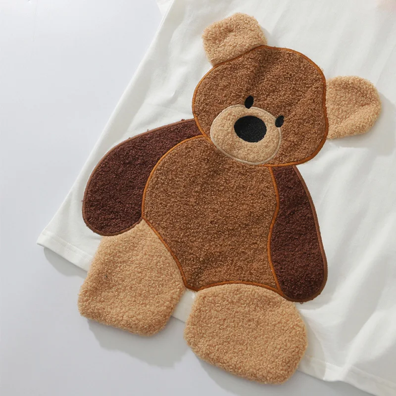 

Aolamegs Anime Cartoon Bear Patch Solid Color T-shirt Men Summer Loose Tee Shirts Tops Vintage Hipster High Street Men Clothing