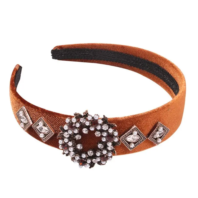 Барокко Винтаж саржа бархат широкая повязка искусственный жемчуг стразы сплав цветок геометрический обруч для волос женские вечерние головные уборы