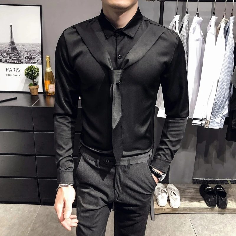 Fashion Solid Shirts for Men Long Sleeve Streetwear Chemise Homme Tie Decoration Slim Fit Casual Shirt Party Men Clothing Camisa