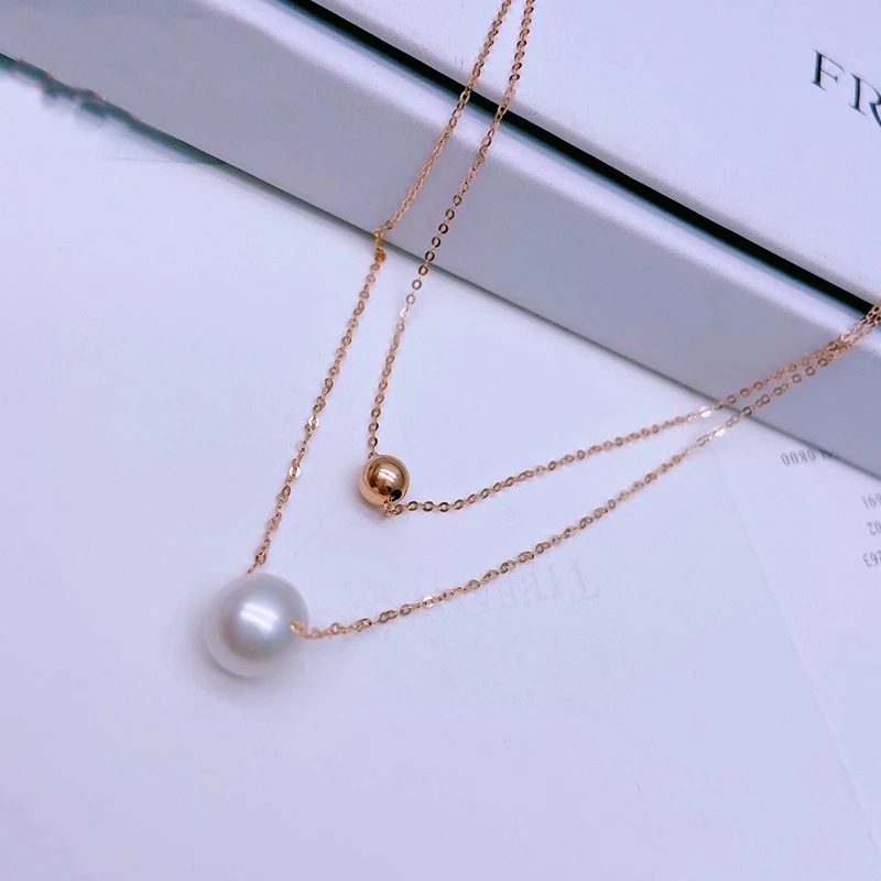 

New 18K Rose Gold Necklace AU750 Gold 8mm Round Pearl Double Necklace