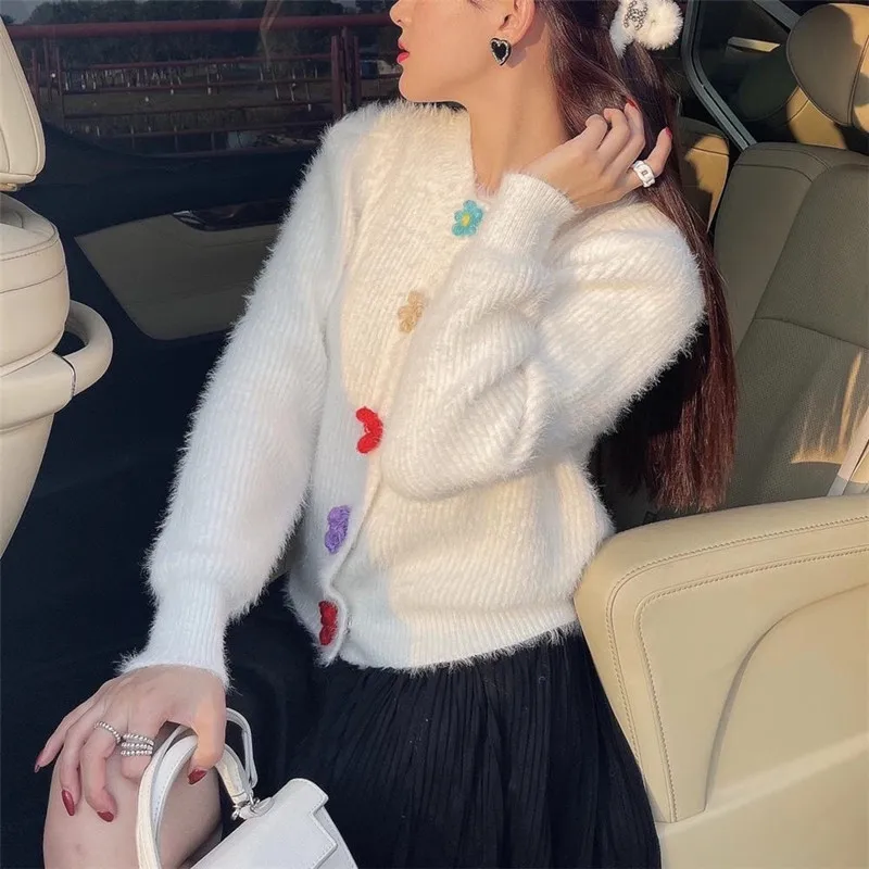 Женский кашемировый кардиган элегантный вязаный с круглым вырезом и пышными