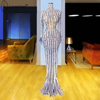 muslim long sleeve high neck evening dresses 2020 see through feather crystal dubai formal dress long robe de soiree couture