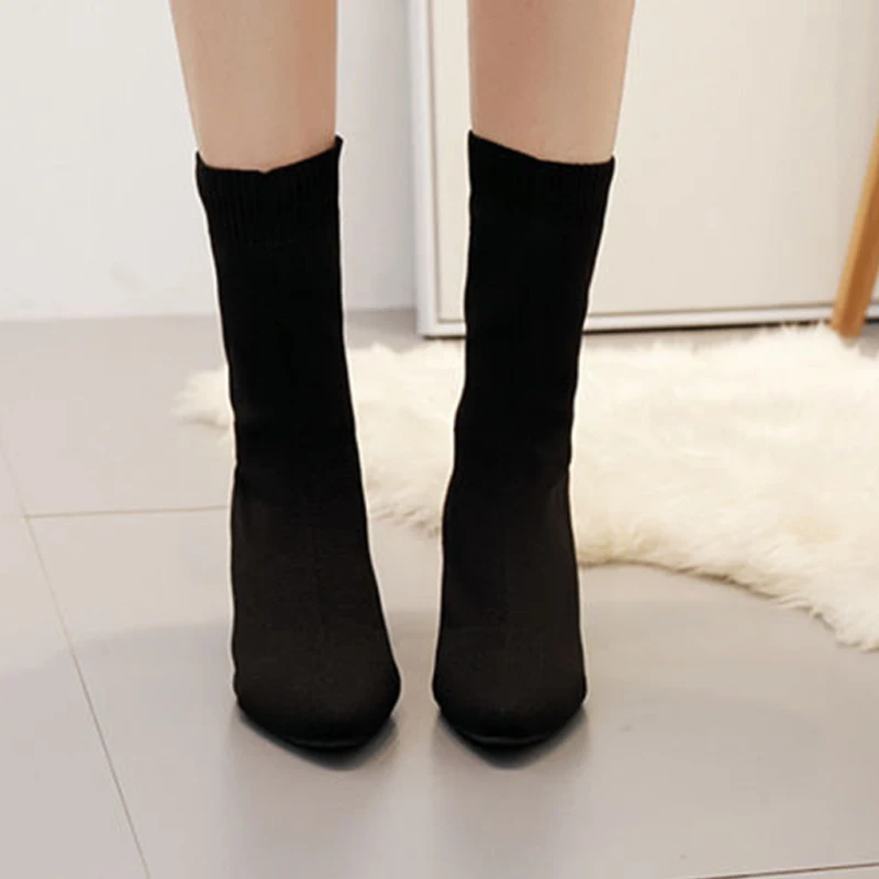 

Women Sock Boots Stretch Point Toe Black Short Boot Slip On Chunky Heel Lady Shoes Breath Comfort Plus Size 2021 Spring Autumn