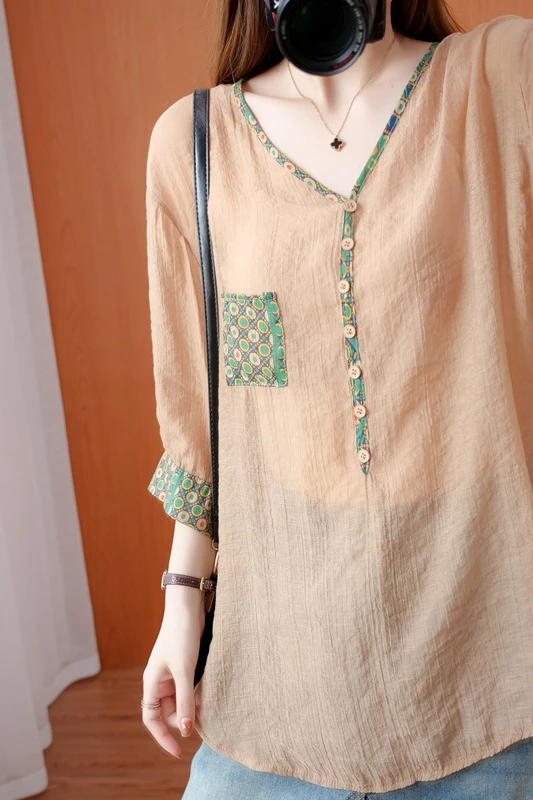 

COIGARSAM Vintage Print blouse women New Summer Loose blusas womens tops and blouses Red 8998