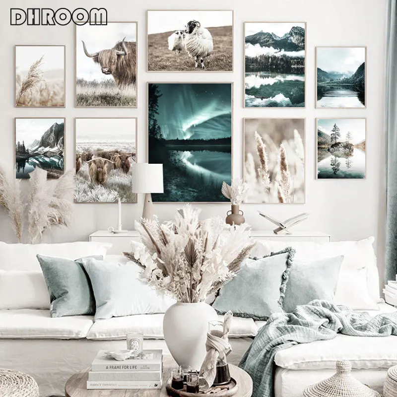 Северный пейзаж на холсте с горами, озером, коровой, овцой, скандинавским плакатом, печатью северного сияния, картиной для стены, декором гостиной.