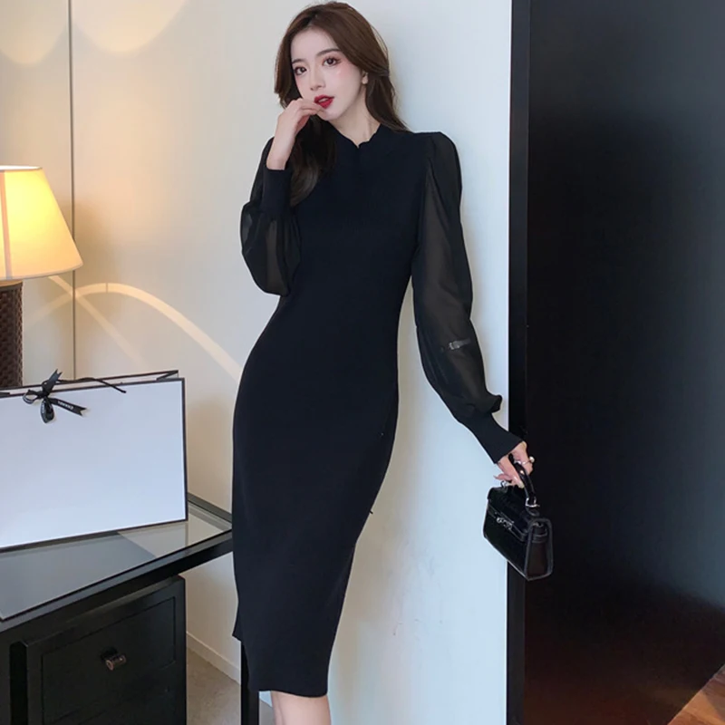 

Fashion Korean Vintage Stand Collar Mesh Long Sleeve Midi Party Dress Women OL Elegant Knitted Bodycon Skinny Solid Female Dress