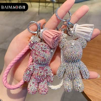 cute rhinestone tassel bear keychain couple keychain girl decoration small pendant car key ring student bag pendant