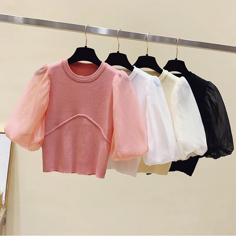 

Japanese Style Knitted Blouse Women Summer Puff Sleeve Patchwork Blouses Tops Fake Two Piece Shirts blouses femme