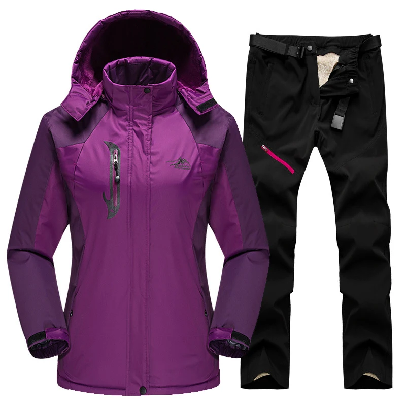 Purple Black Лыжный костюм для женщин, уличная водонепроницаемая ветрозащитная куртка для сноуборда, лыжная куртка, штаны, зимние лыжные флисовые куртки, женский лыжный костюм - Цвет: Purple Black