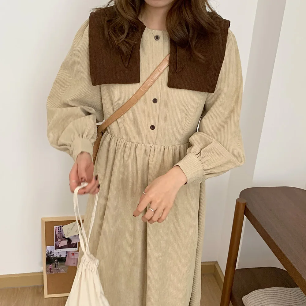 

Preppy Style Long Sleeve Dress Spring Autumn The New Korean Fashion Thin Simple Dress Elegant Retro Double Collar Lantern Sleeve