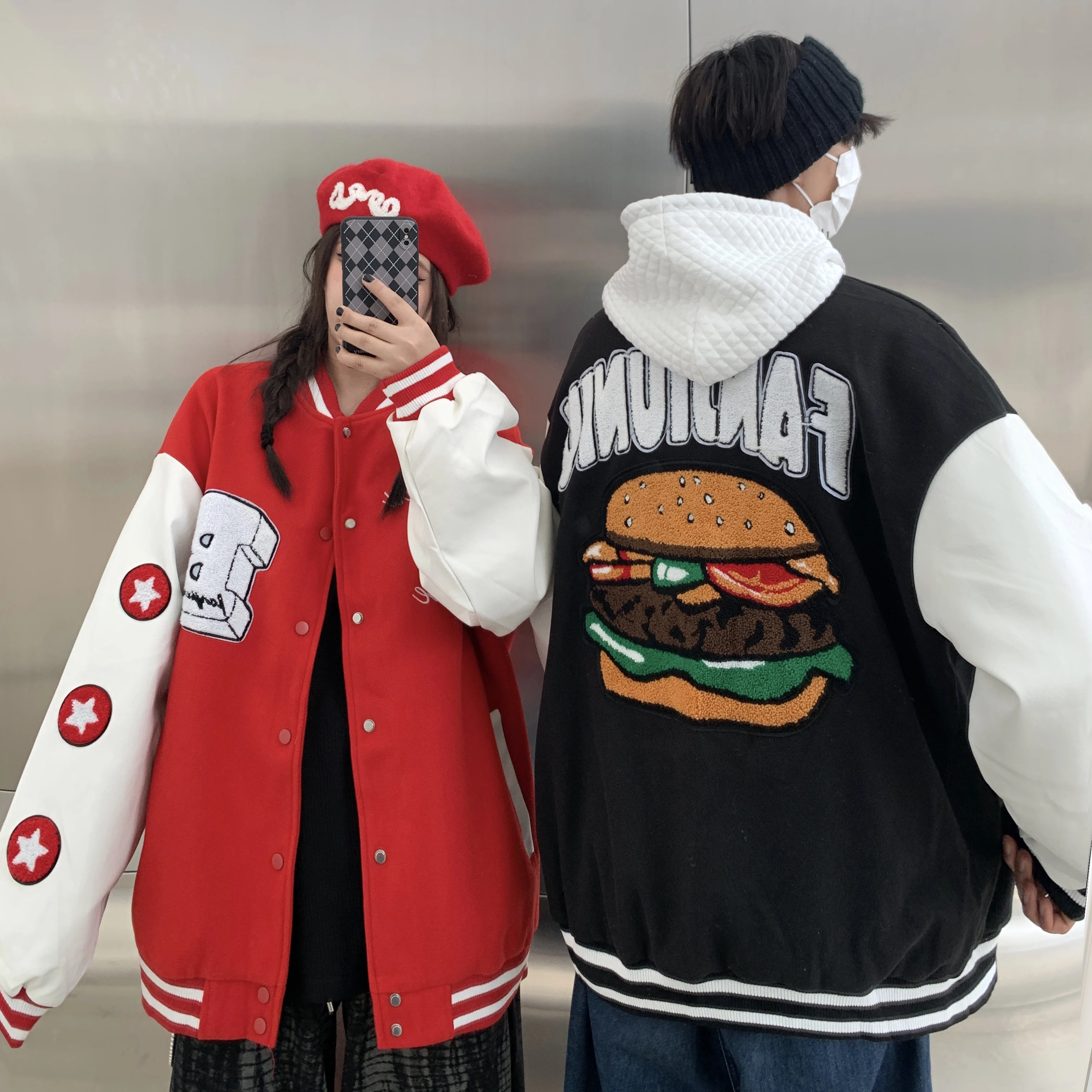 

Autumn New Fashion High Street Women Jacket Burger Flocking Embroidery Baseball Chaqueta Street Oversized Baggy Overcoat Mujer