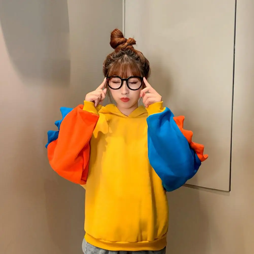 Cute Women Long Sleeve Color Block Dinosaur Hoodie Autumn Winter Sweatshirt